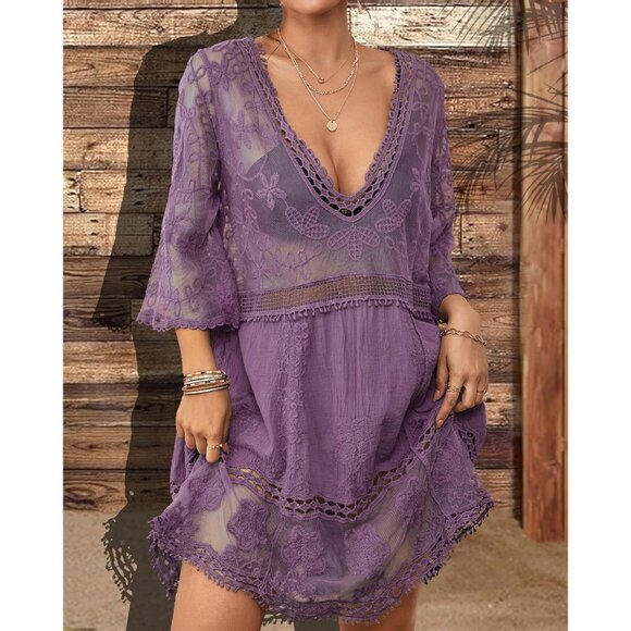 🆕Women Purple Lace Swimwear Cover Up V Neck Beach Dress Vacation Outfit - Picture 4 of 6